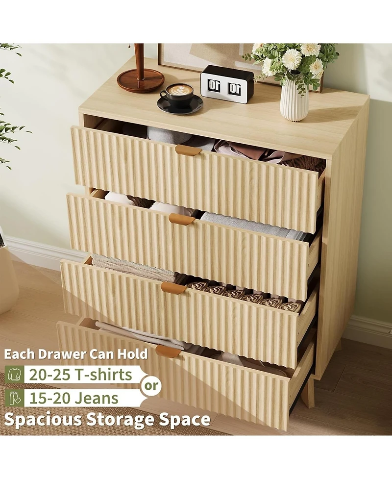 gaomon Fluted Dresser for Bedroom with 4 Drawer, Mid Century Modern Chest of Drawers, Large Boho Drawers Dresser with Deep Drawers, Wooden Dressers