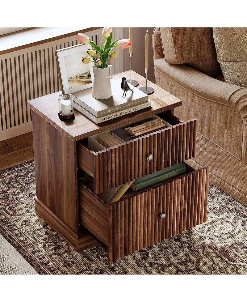 gaomon Fluted Nightstand with 2 Drawers, Mid Century Modern Bedside Table for Living Room