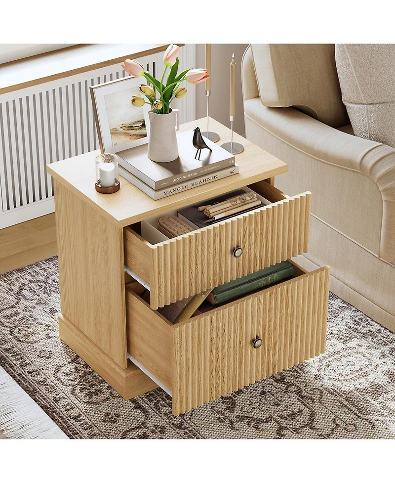 gaomon Fluted Nightstand with 2 Drawers, Mid Century Modern Bedside Table for Living Room