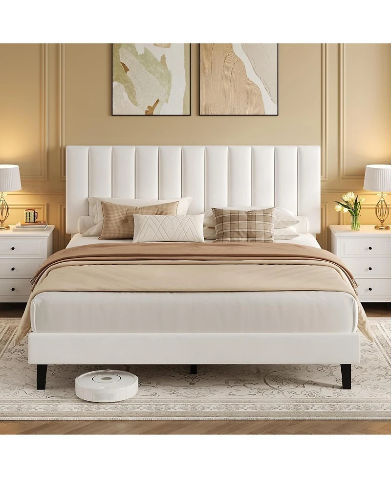gaomon Full Size Bed Frame with Adjustable Height Headboard, Upholstered Platform Bed Frame with Vertical Channel Tufted Design