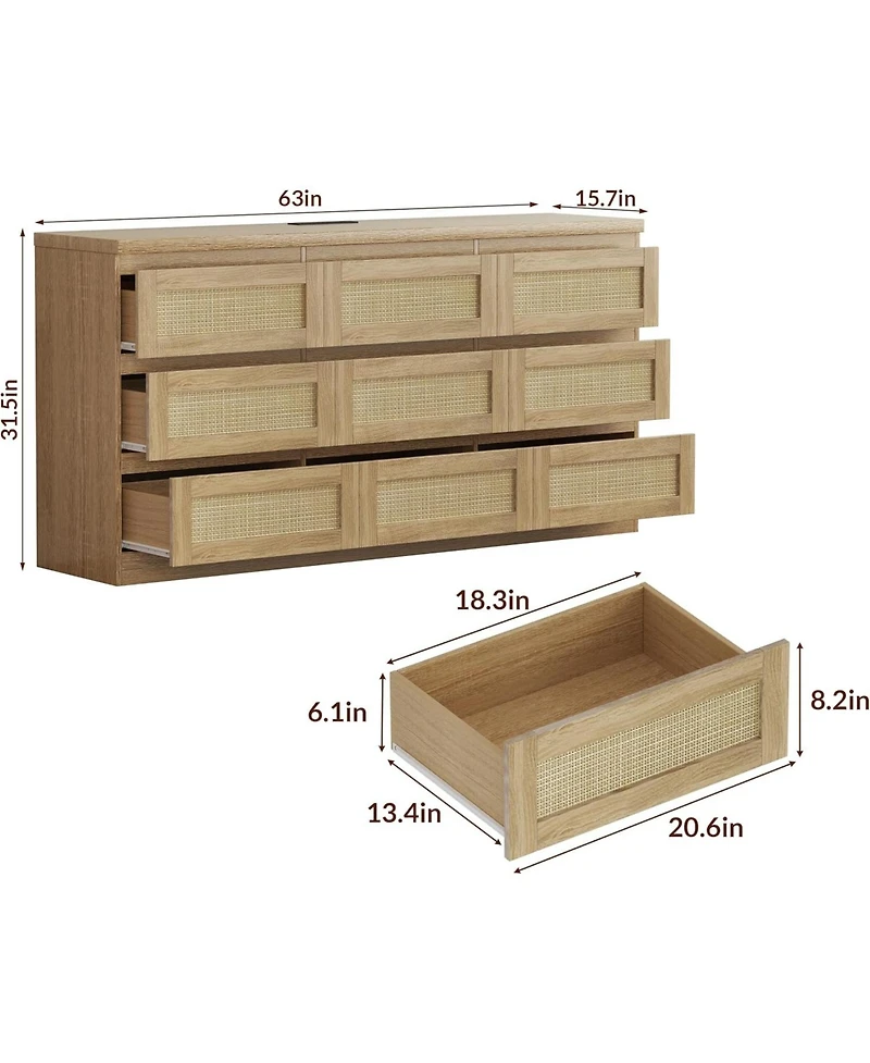 Gamon 9 Drawer Natural Farmhouse Rattan Dresser with Charging Station, Sturdy Wooden Storage Organizer for Bedroom Closet Entryway