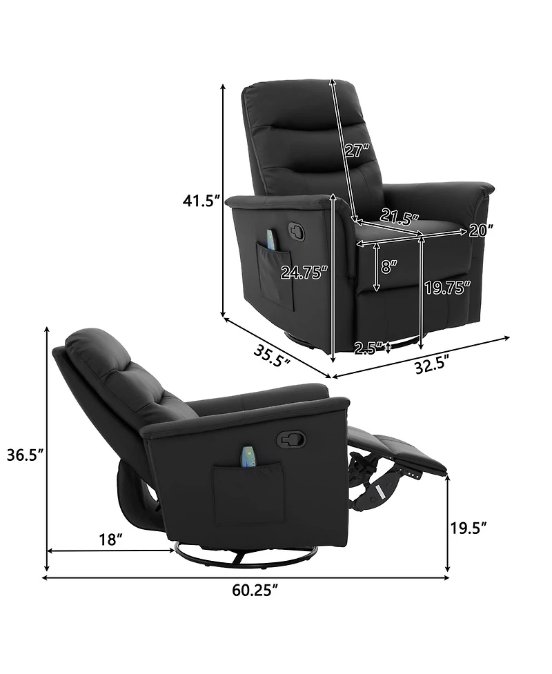 Clihome Modern Swivel Recliner Chair with 8-Point Massage 2-Speed Tilt & Side Pocket