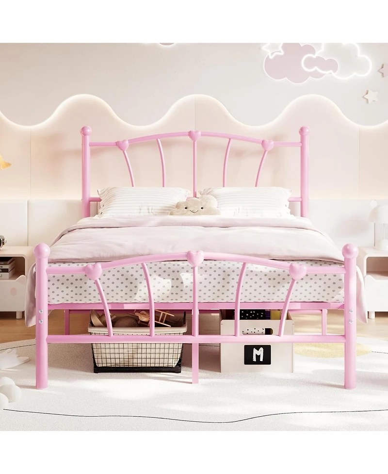 gaomon Twin Metal Bed Frame, Frames for Girls, Platform with Heart-Shaped Design Headboard&Footboard