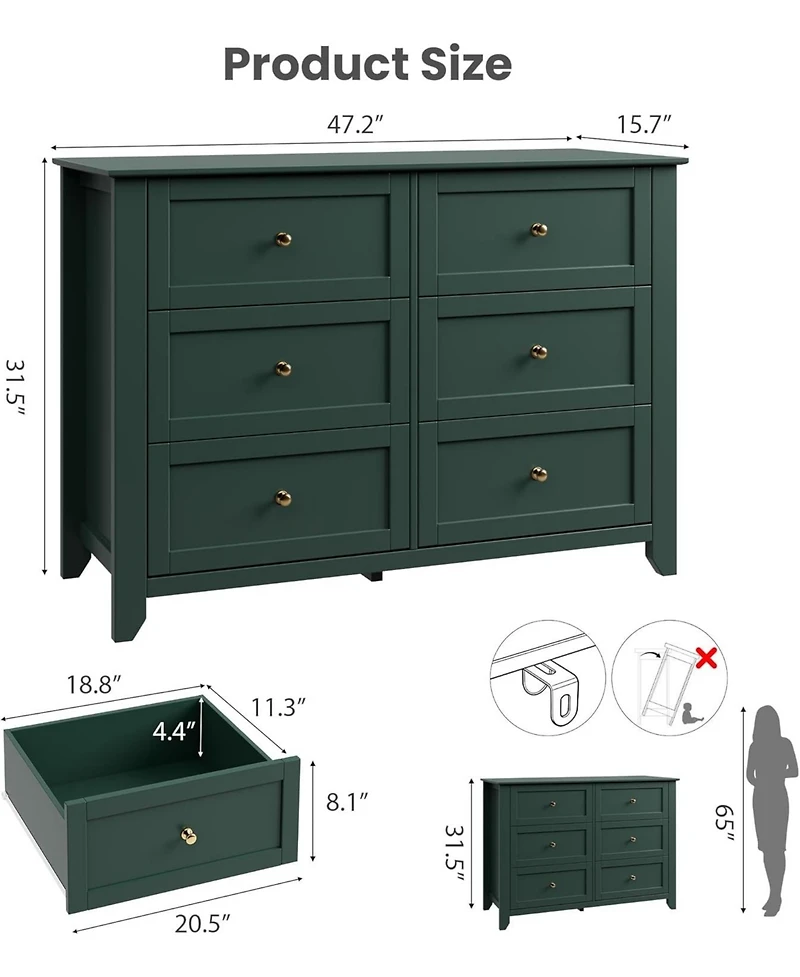 gaomon Green 6 Drawer Dresser for Bedroom, Large Dresser with Deep Drawers & Metal Knobs, Modern Wooden Chests of Drawers for Entryway, Hallway