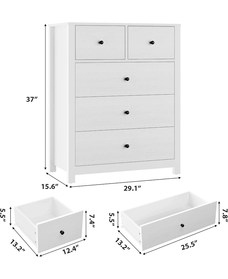 gaomon White 5 Drawer Dresser for Bedroom, Modern Tall Dresser Organizer with Storage Drawers, Wooden Chests of Drawers for Bedroom, Entryway, Hallway