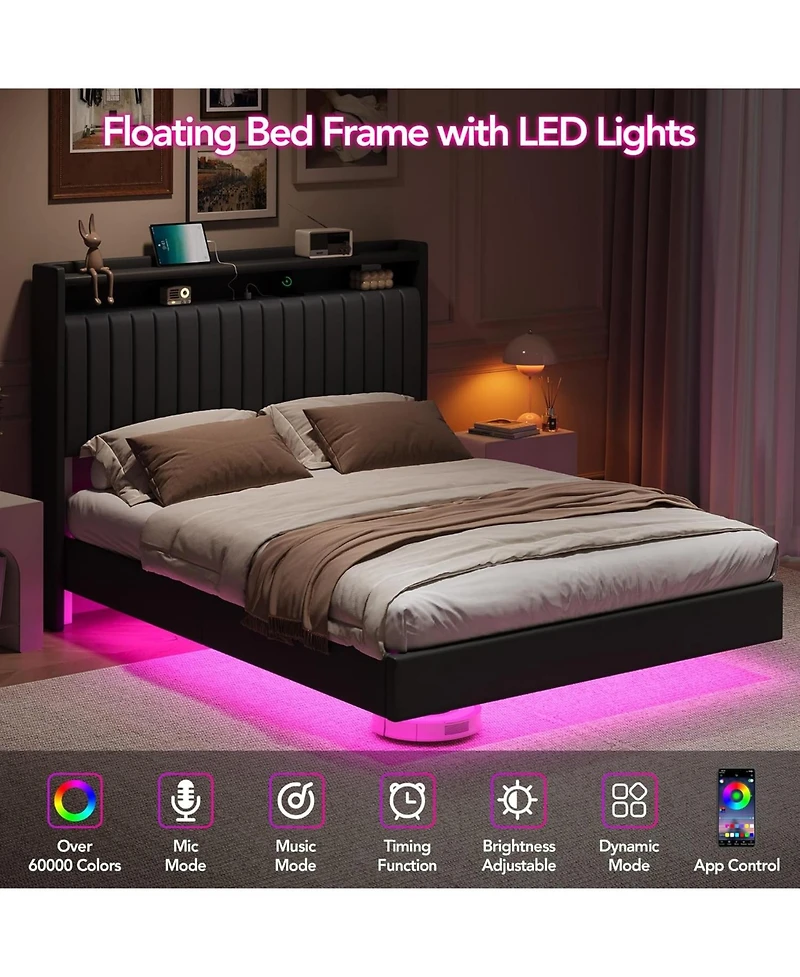 gaomon Upholstered Leather Led Light Charging Station Floating Bed Frame