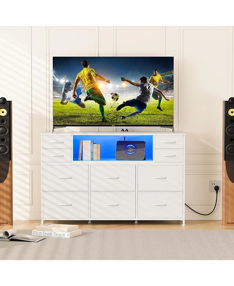 gaomon 10 Fabric Drawers Dresser, Entertainment Center Tv Stand with Power Outlet & Led Light for 45"-55" Tv, Chest of Drawers for Bedroom