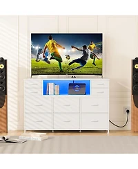 gaomon 10 Fabric Drawers Dresser, Entertainment Center Tv Stand with Power Outlet & Led Light for 45"-55" Tv, Chest of Drawers for Bedroom