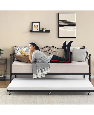 gaomon Modern Twin Daybed with Trundle and Backrest, Metal Sofa Bed Frame with Steel Slat Support and Art Sweet Heart Design,for Living Room