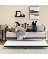 gaomon Modern Twin Daybed with Trundle and Backrest, Metal Sofa Bed Frame with Steel Slat Support and Art Sweet Heart Design,for Living Room