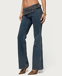 Edikted Women's Asymmetric Grommet Belt Low Rise Flared Jeans