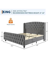 gaomon Tall Wingback Headboard Bed Frame - King Size Upholstered Platform, Soft Tufting, Sturdy Wood Slats