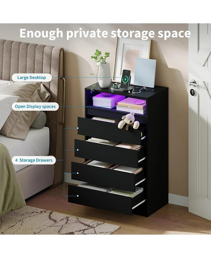 gaomon 4 Drawer Double Dresser with Power Outlet, Accent Chests of Drawers Led Light, Modern White Storage Charging