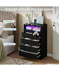 gaomon 4 Drawer Double Dresser with Power Outlet, Accent Chests of Drawers Led Light, Modern White Storage Charging