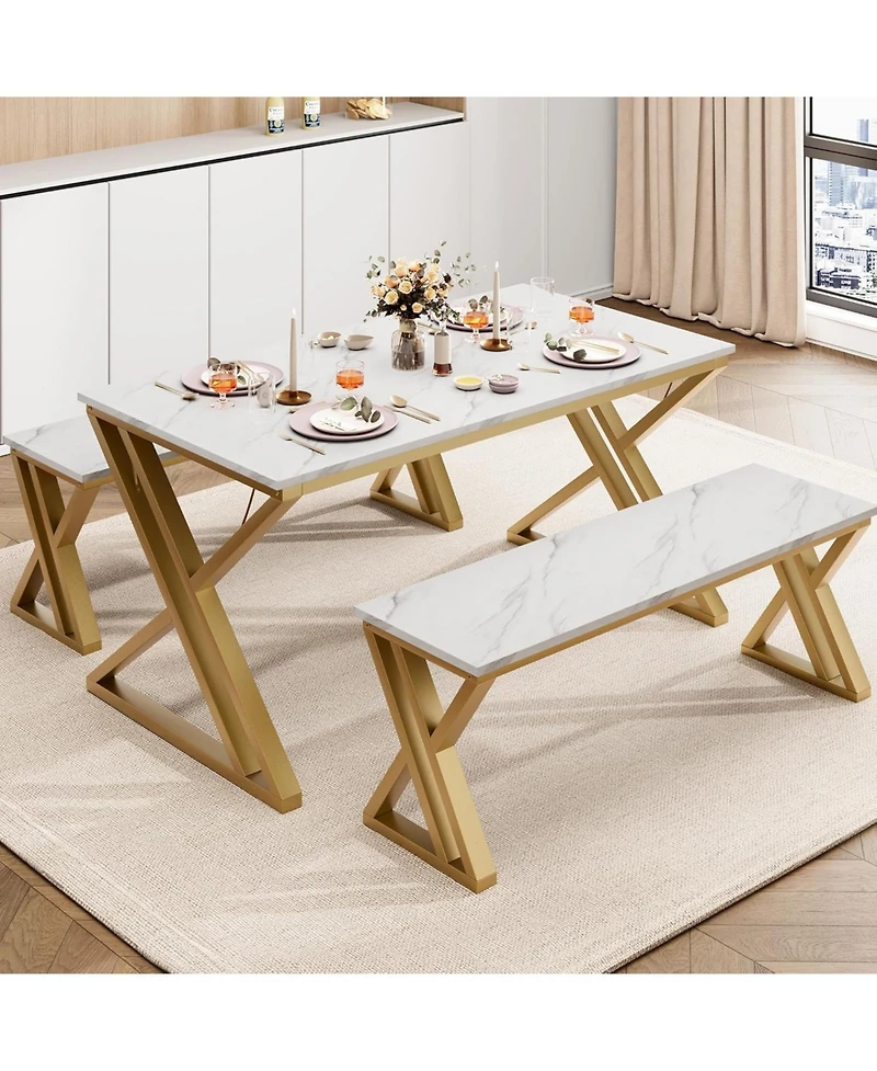 gaomon Kitchen Room Dining Table Set with Benches for 4, Sturdy Metal X Frame Space Saving