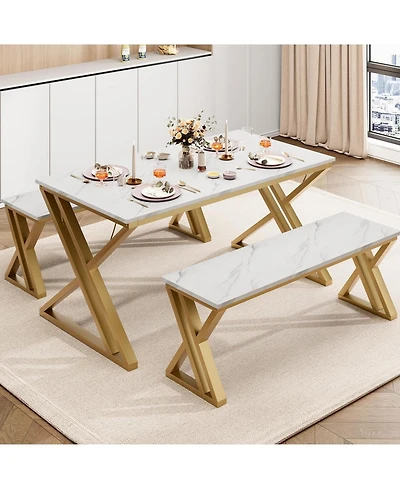 gaomon Kitchen Room Dining Table Set with Benches for 4, Sturdy Metal X Frame Space Saving