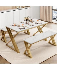 gaomon Kitchen Room Dining Table Set with Benches for 4, Sturdy Metal X Frame Space Saving