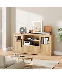 gaomon Tv Stand for 75 Inch TVs, Retro Media Console with Glass Cabinets & Open Shelves