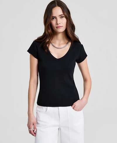 And Now This Women's V-Neck Rib-Knit Short-Sleeve T-Shirt, Macy's Exclusive