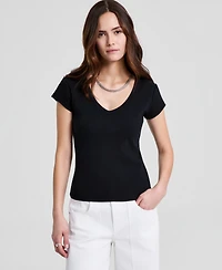 And Now This Women's V-Neck Rib-Knit Short-Sleeve T-Shirt, Macy's Exclusive