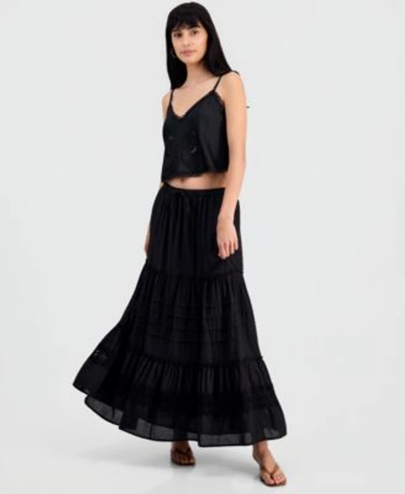 Now This Juniors Cotton Tiered Tie Waist Maxi Skirt Macys Exclusive