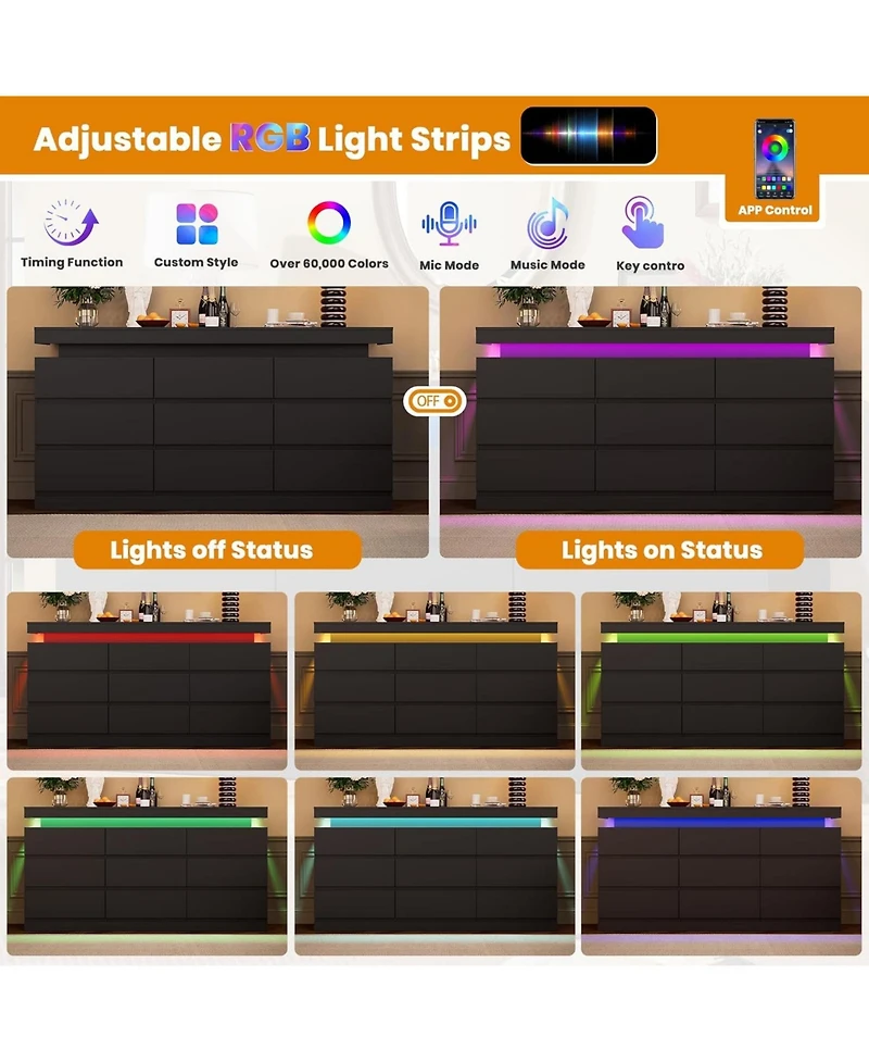 9 Drawer Dresser for Bedroom - 63” Wide Chest of Drawers with Led Light and Charging Station