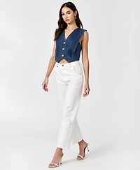 Modenaire Women's V-Neck Button-Front Angled Hem Denim Vest