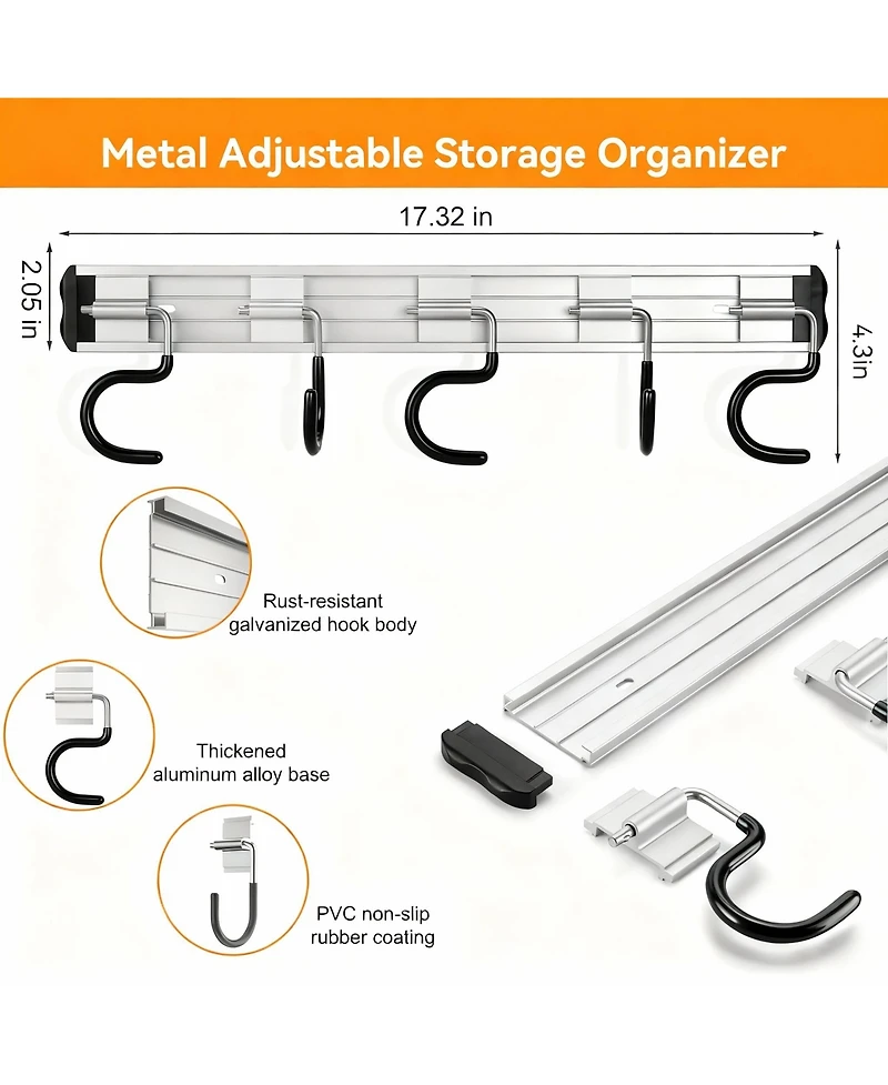 Yigii Aluminum Garden Tool Rack, Adjustable Hooks, Easy Install, Durable