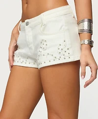 Edikted Women's Studded Patchwork Low Rise Denim Shorts