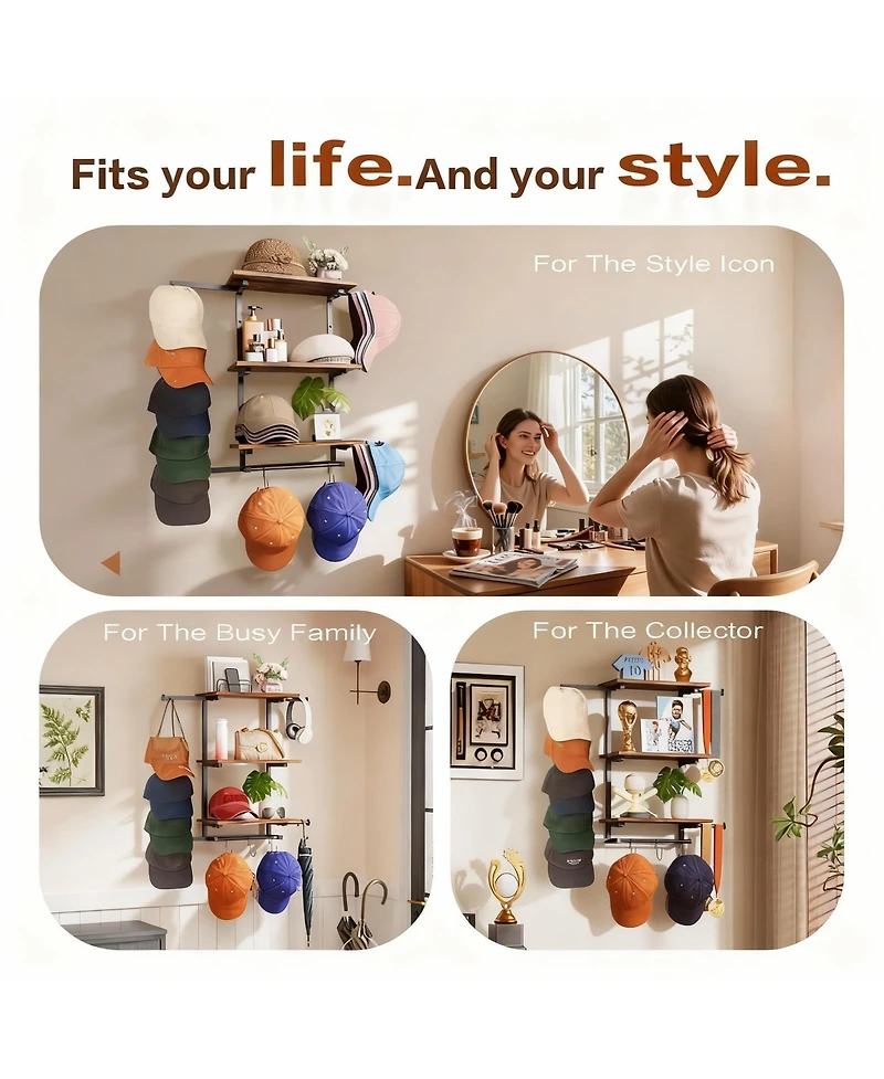 Yigii Wall Hat Rack with Shelves for Hats, Caps, & Decor