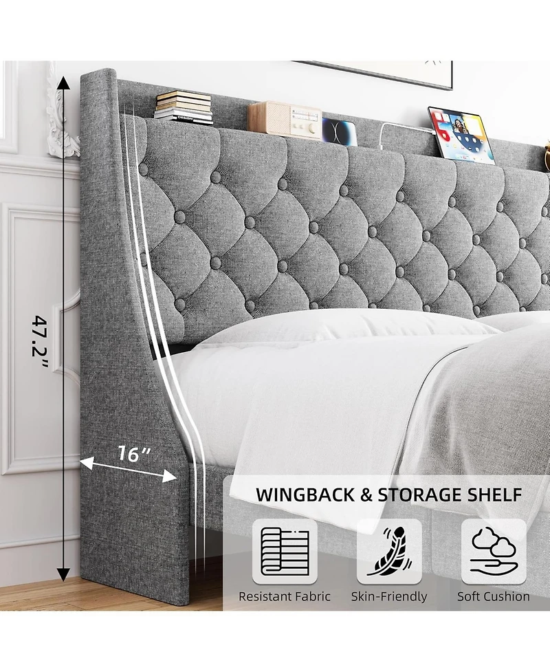 gaomon Frame with Charging Ports & Storage Shelf, Upholstered Platform Bed with Wingback Headboard, No Box Spring Needed, Easy Assembly