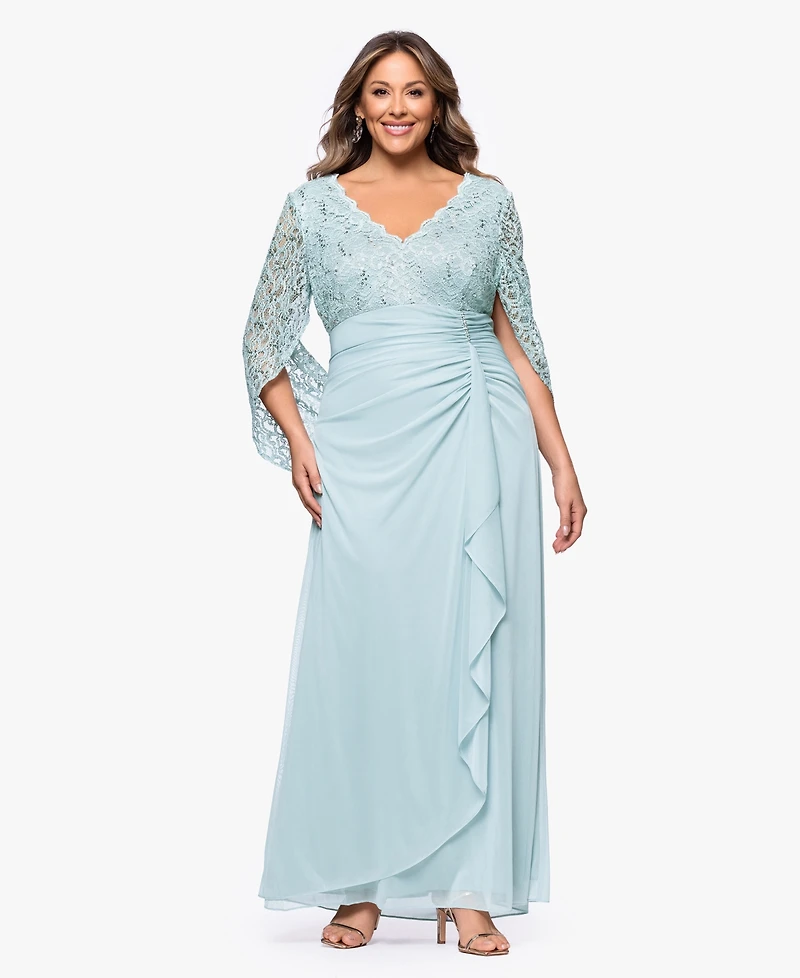 Betsy & Adam Plus Lace-Cape-Sleeve Embellished Gown