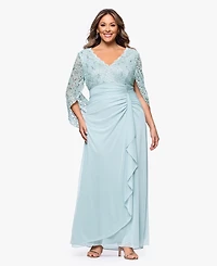 Betsy & Adam Plus Lace-Cape-Sleeve Embellished Gown