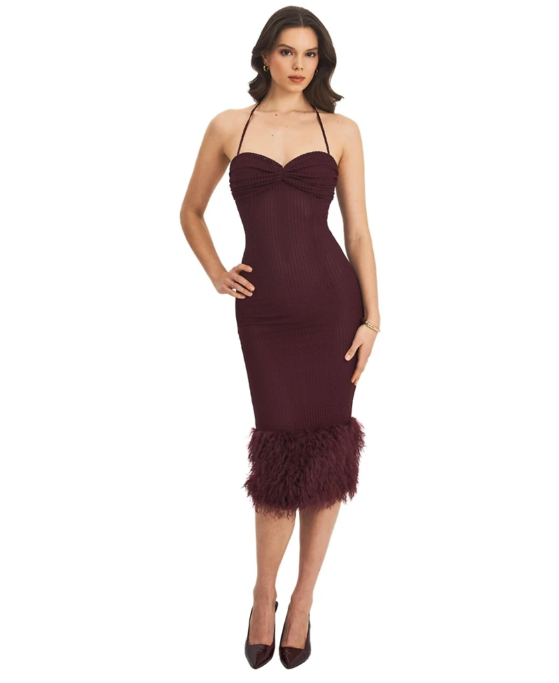 Miss Circle Women's Pluma Maroon Halter Faux-Fur Trimmed Midi Dress
