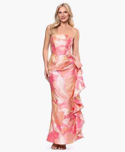 Betsy & Adam Women's Strapless Side Ruffle Ball Gown
