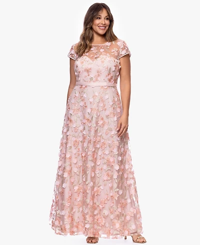 Xscape Plus-Size Short-Sleeve 3D Floral Embroidered Ball Gown