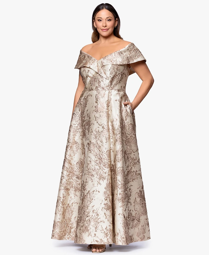 Xscape Plus Off-The-Shoulder Metallic Jacquard Ball Gown