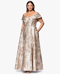Xscape Plus Off-The-Shoulder Metallic Jacquard Ball Gown