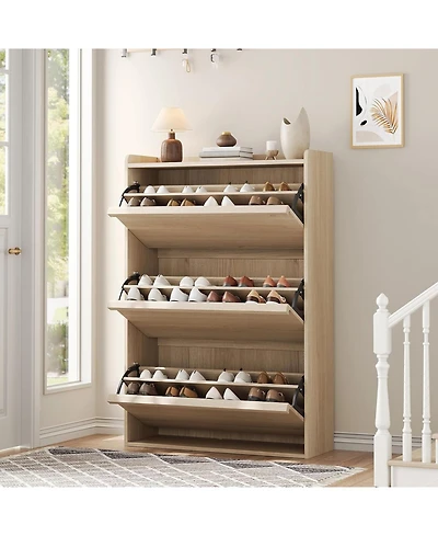 gaomon Wooden Shoe Cabinet with Flip Drawers – Adjustable Shelf Shoe Organizer, Hidden Freestanding Shoe Storage for Entryway, Hallway