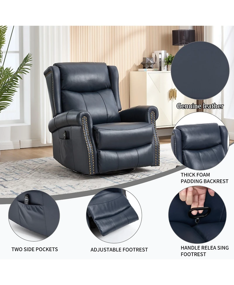 Clihome Heat Massage Manual Recliner Chair with Rocker and Swivel Genuine Leather for Living Room