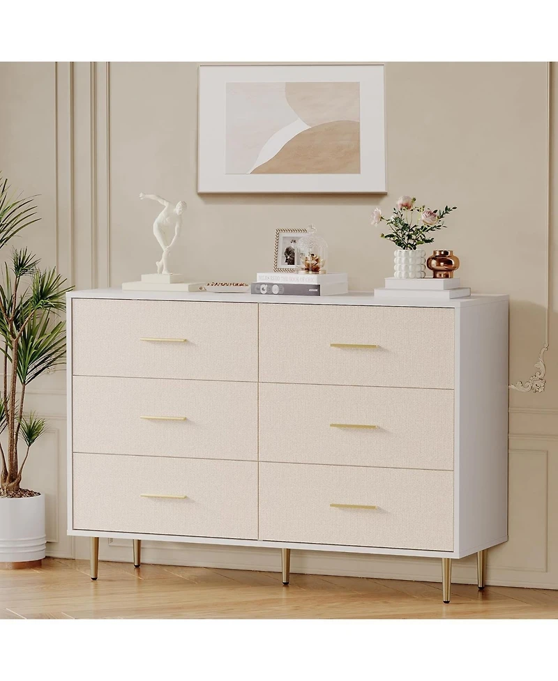 gaomon 6 Drawer Dresser, Modern White Chest of Drawers with Gold Metal Legs and Handles, Large Double Wooden Dresser for Bedroom