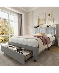 gaomon Upholstered Bed Frame with Storage Headboard, Drawer, Charging Station, Linen Platform