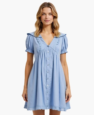 Modenaire Women's Button-Front Lace-Trim Puff-Sleeve Mini Dress