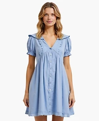 Modenaire Women's Button-Front Lace-Trim Puff-Sleeve Mini Dress