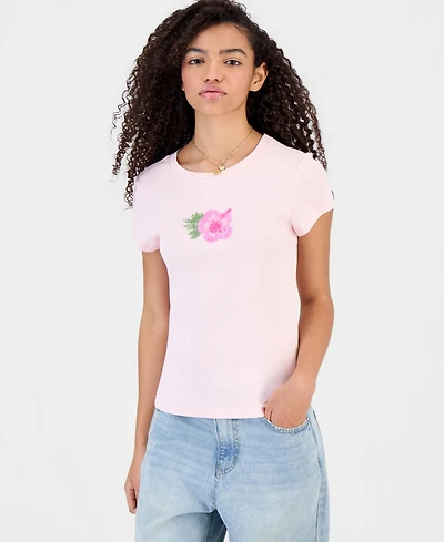 Madden Girl Juniors' Beaded Hibiscus Flower Short-Sleeve Tee