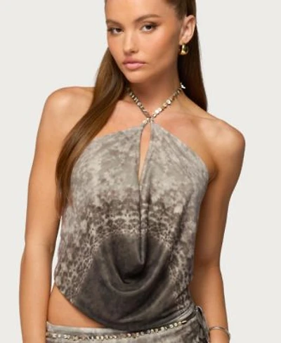 Edikted Womens Teresa Backless Printed Mesh Halter Top