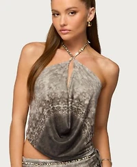 Edikted Womens Teresa Backless Printed Mesh Halter Top