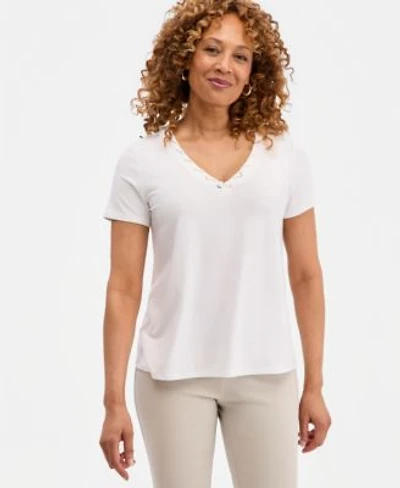 Jm Collection Womens Laced Grommet Trim V Neck Top Macys Exclusive