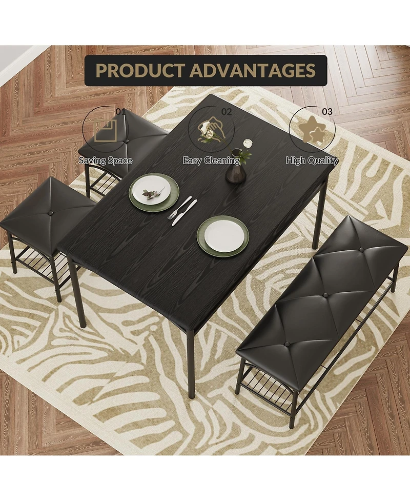 Gomon 4-Piece Dining Table Set with Upholstered Bench & 2 Stools, Storage Shelf, Space Saving Compact Kitchen