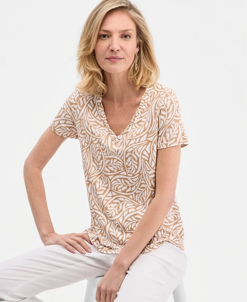 Jm Collection Women's Printed Grommet Knit V-neck Top, Macy's Exclusive